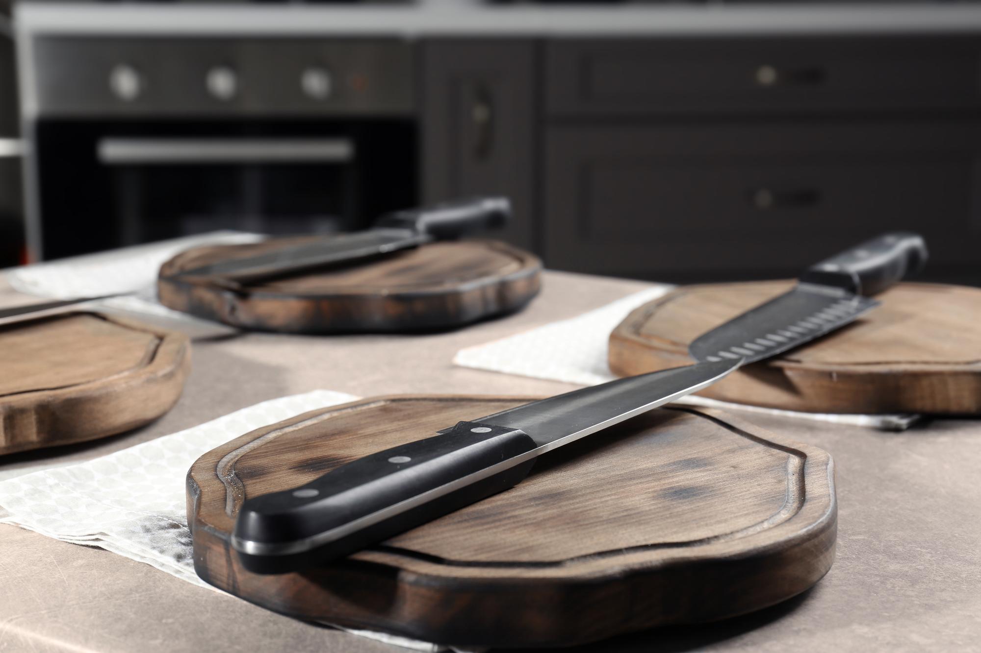 Workshop setup with knives and pans